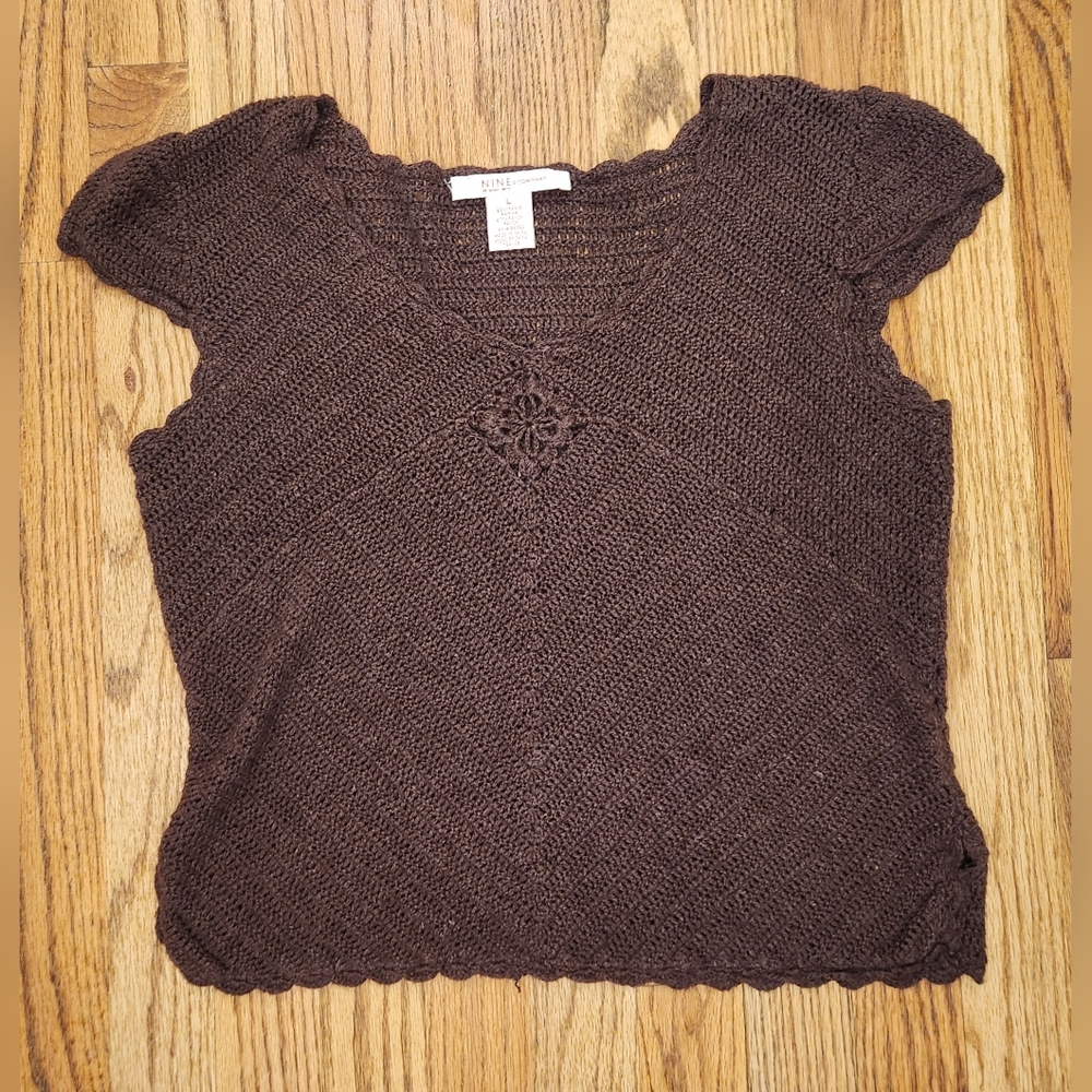 Y2K Vintage Brown Knit Short Sleeve Top, Size: Large